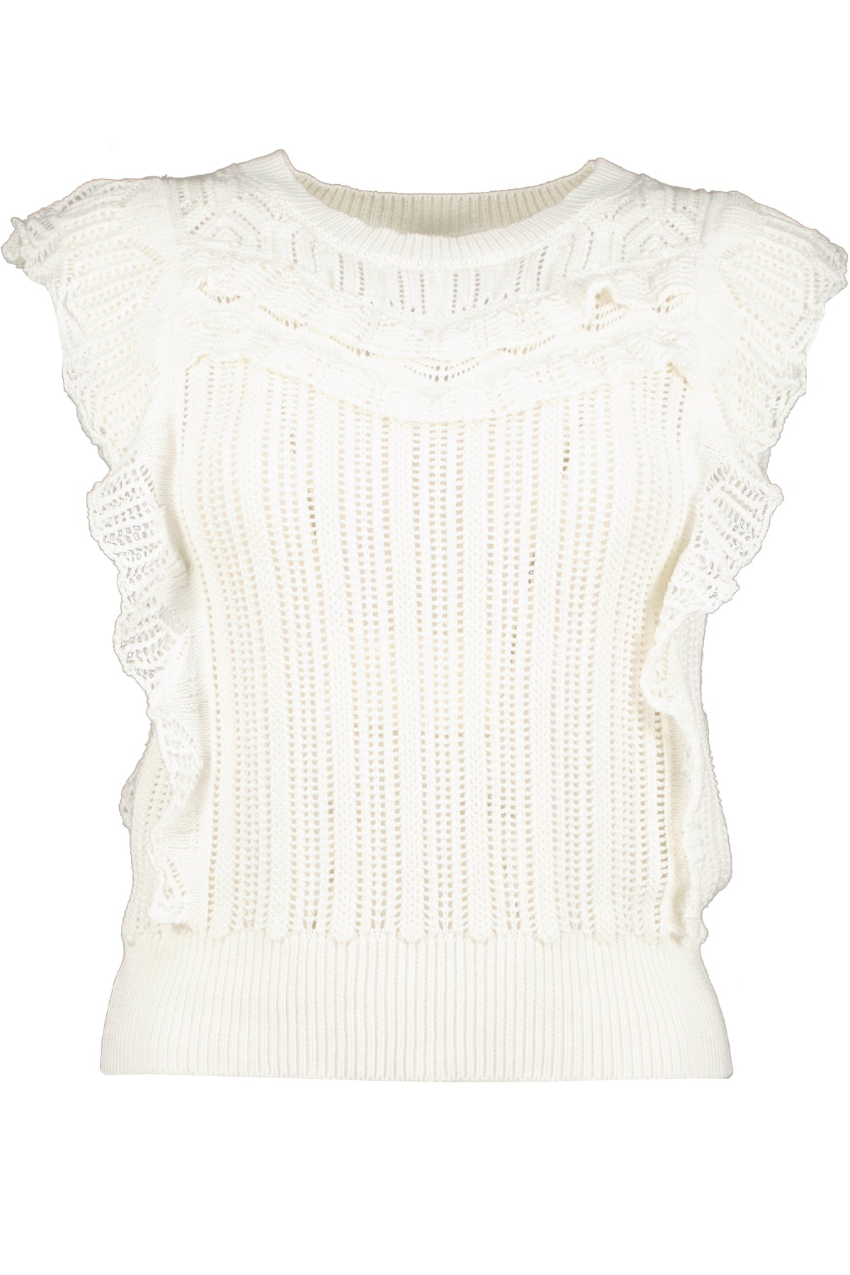 white crochet top with ruffles