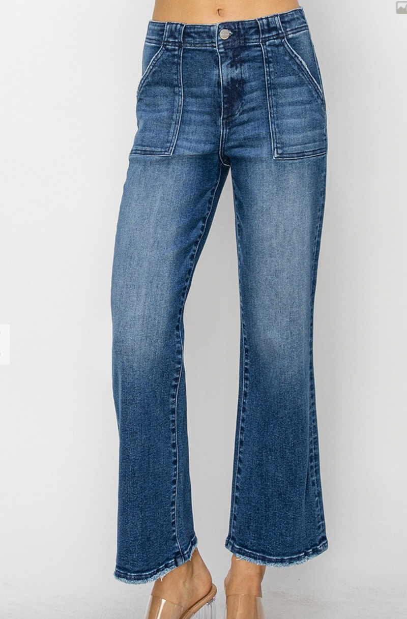 High-Rise Patch Pockets Ankle Flare Jeans