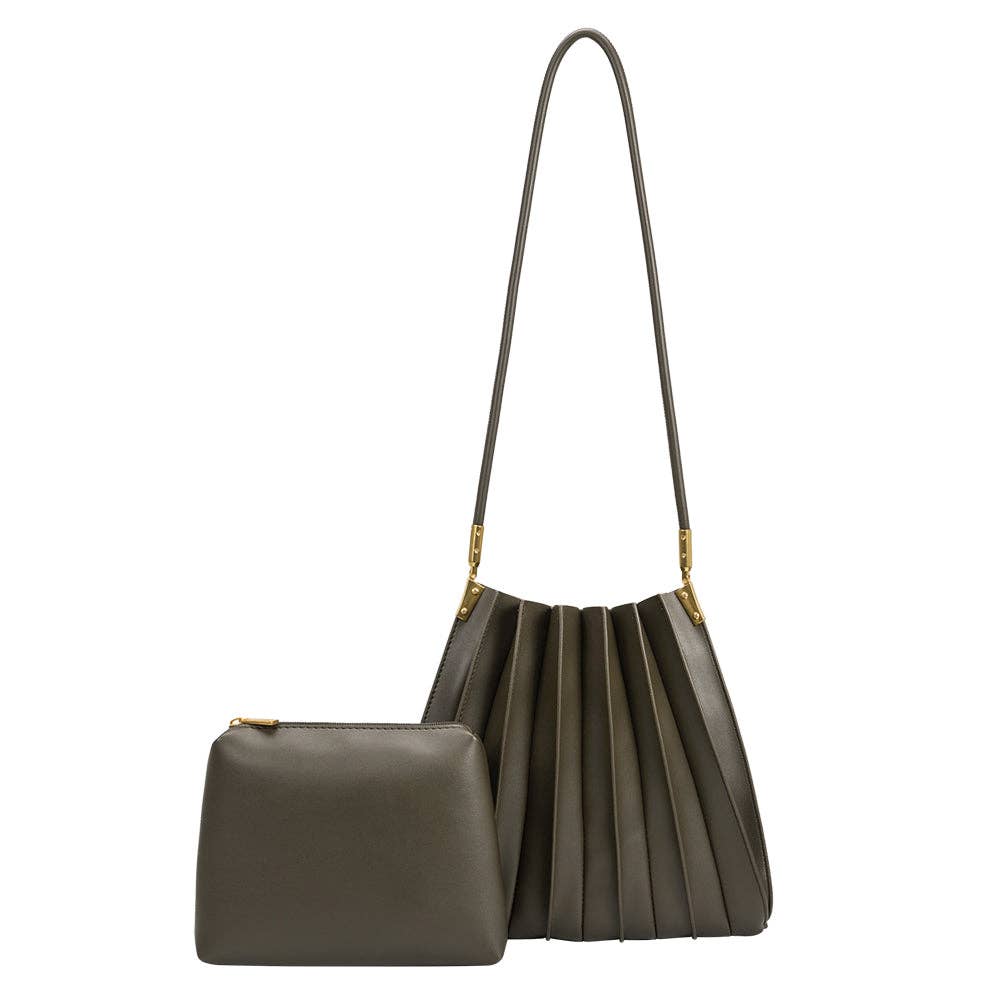 Carrie Olive Pleated Vegan Leather Shoulder Bag