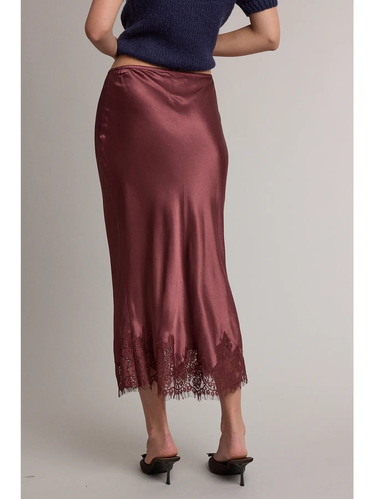 Satin Lace Trim Midi Skirt
