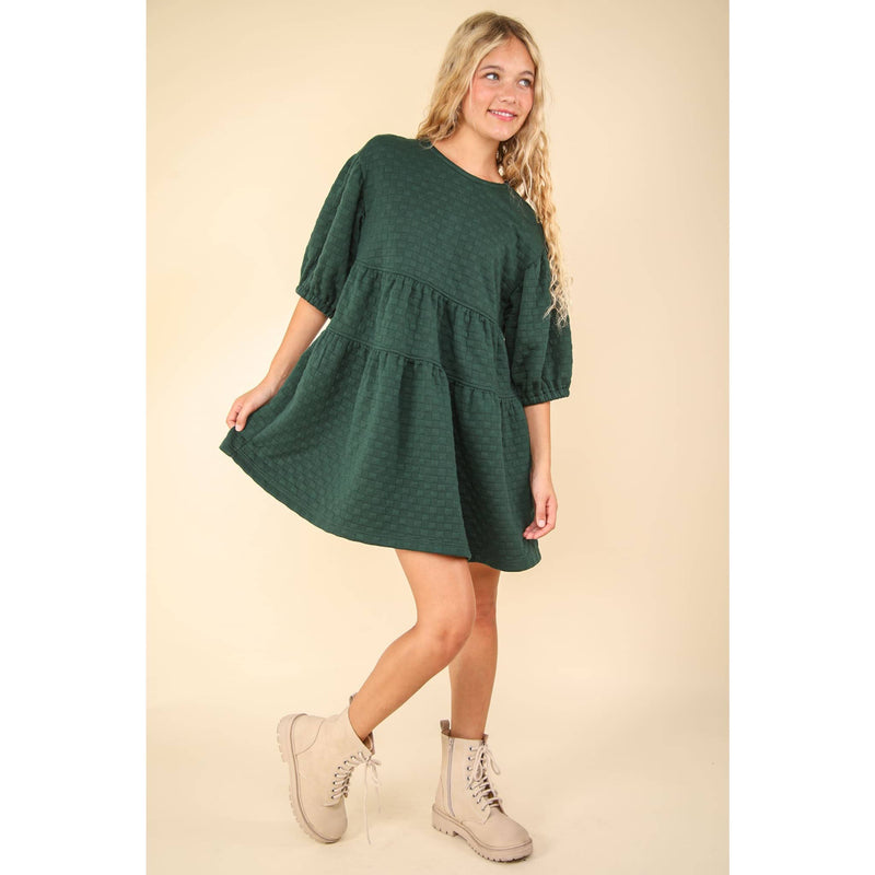 Quilted Knit Puff Sleeve Babydoll Mini Dress