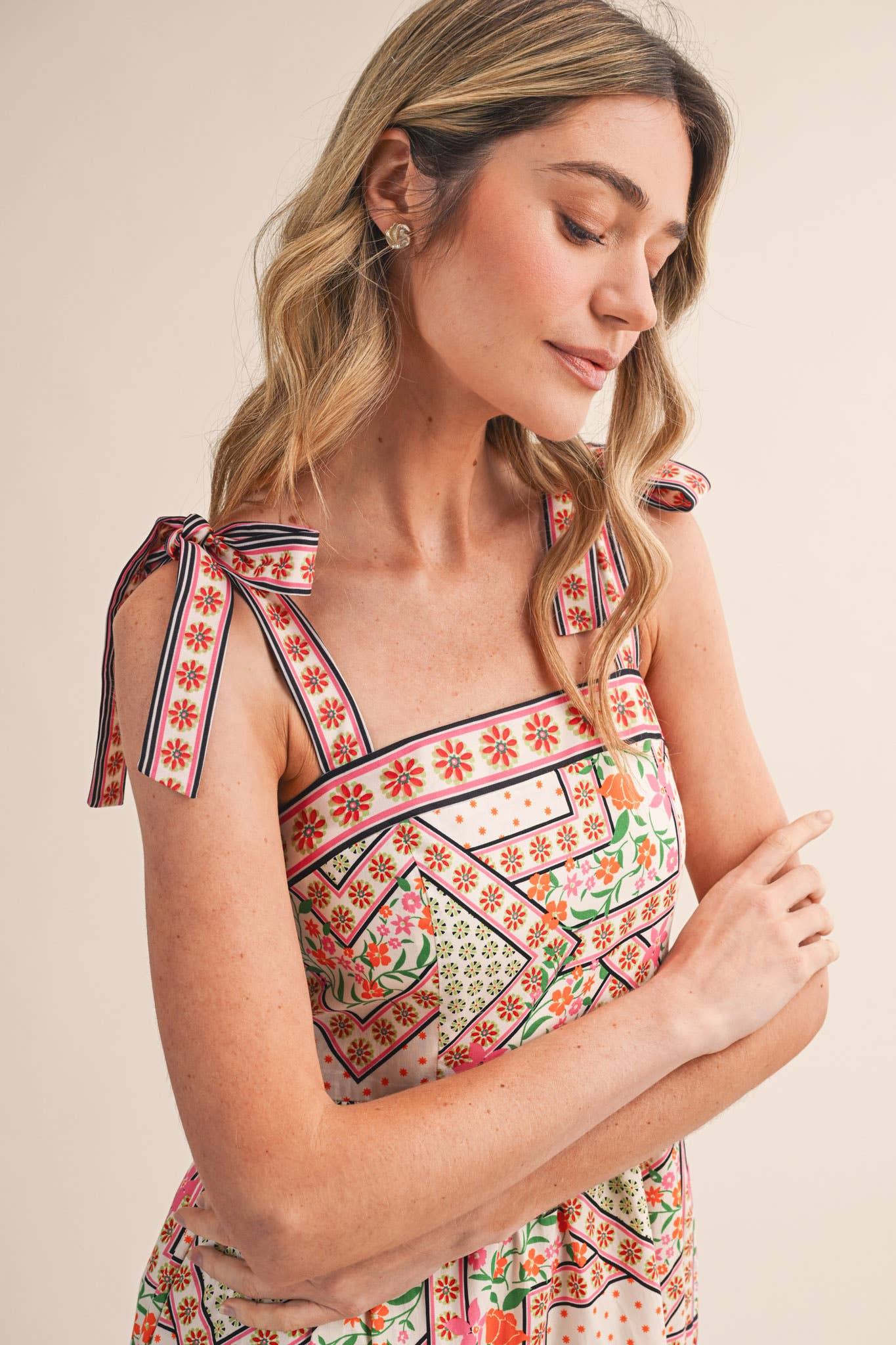 Exclusive Floral Patchwork Tie Strap Midi Dress