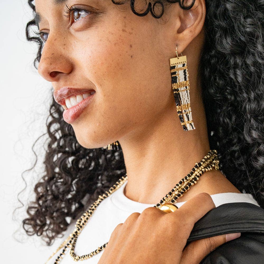 McKenzie Brass Bar Long Fringe Earrings