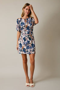 FRONT SPAGHETTI TIE BACK ELASTIC FLORAL PRINT MINI DRESS