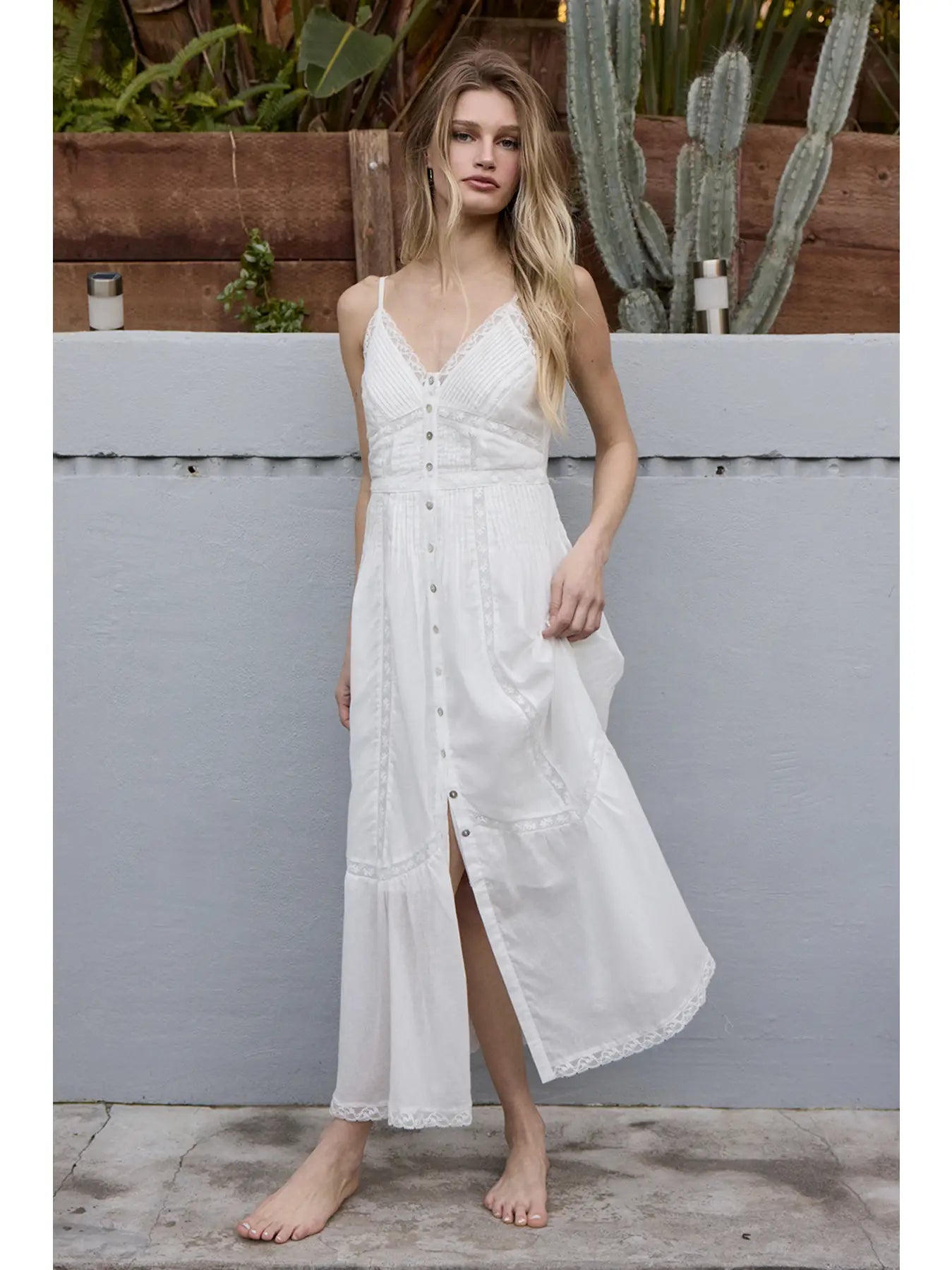 Lace Trim Button-Down White Maxi Dress
