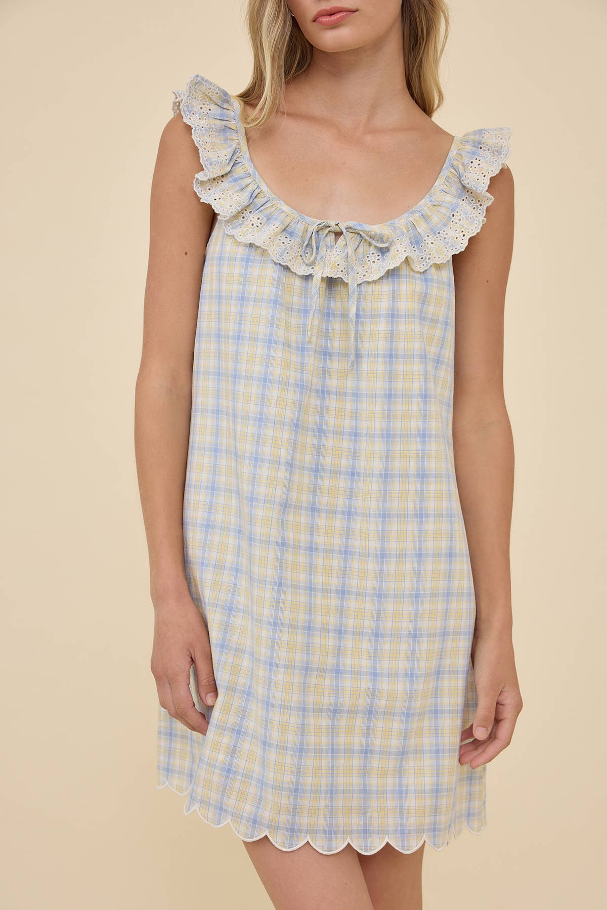 Plaid Embroidered Lace Ruffle Mini Dress