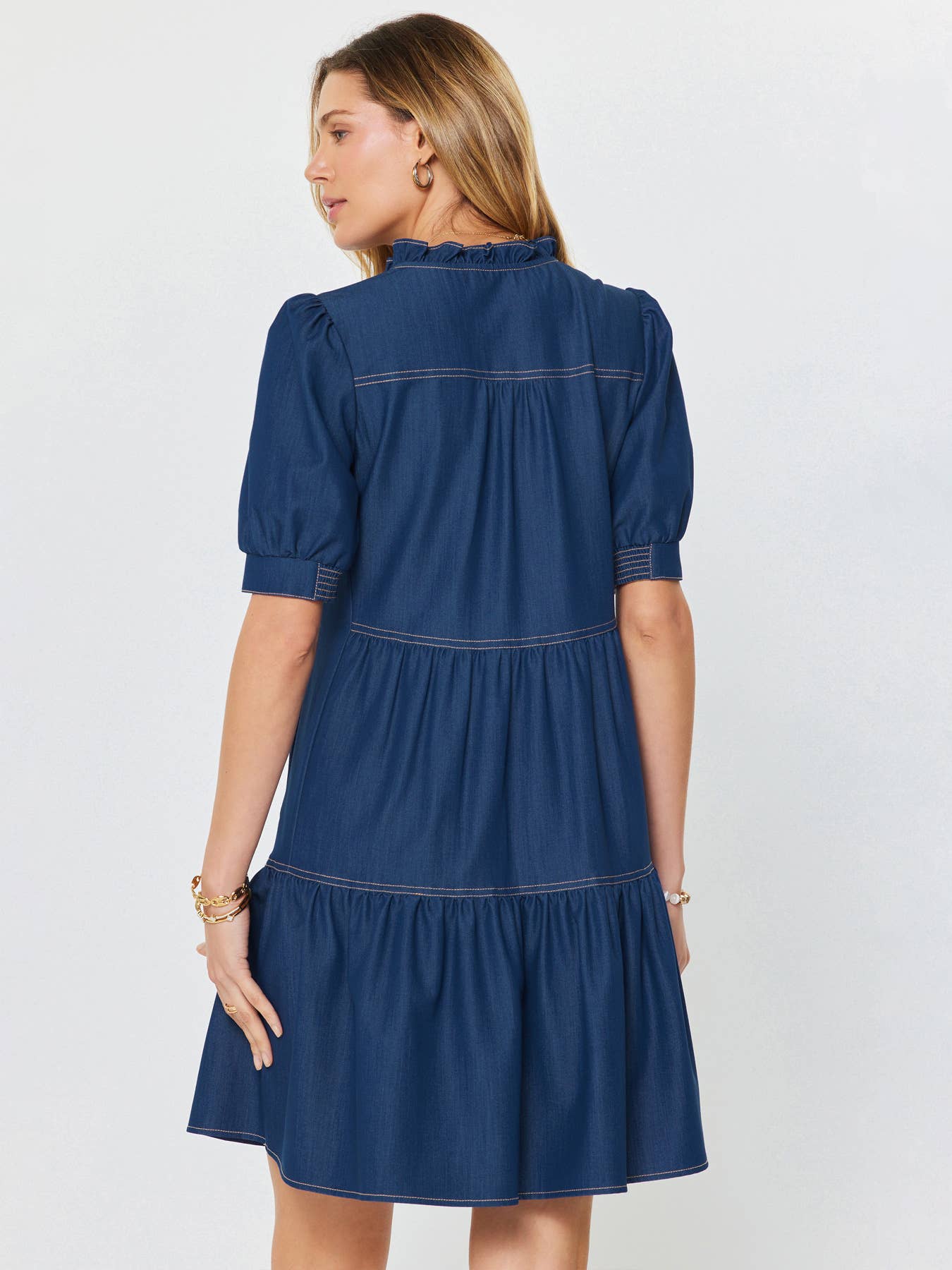 Denim Tiered Short Sleeve Mini Dress