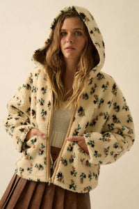 Floral Sherpa Fleece Hooded Zip-Up Jacket