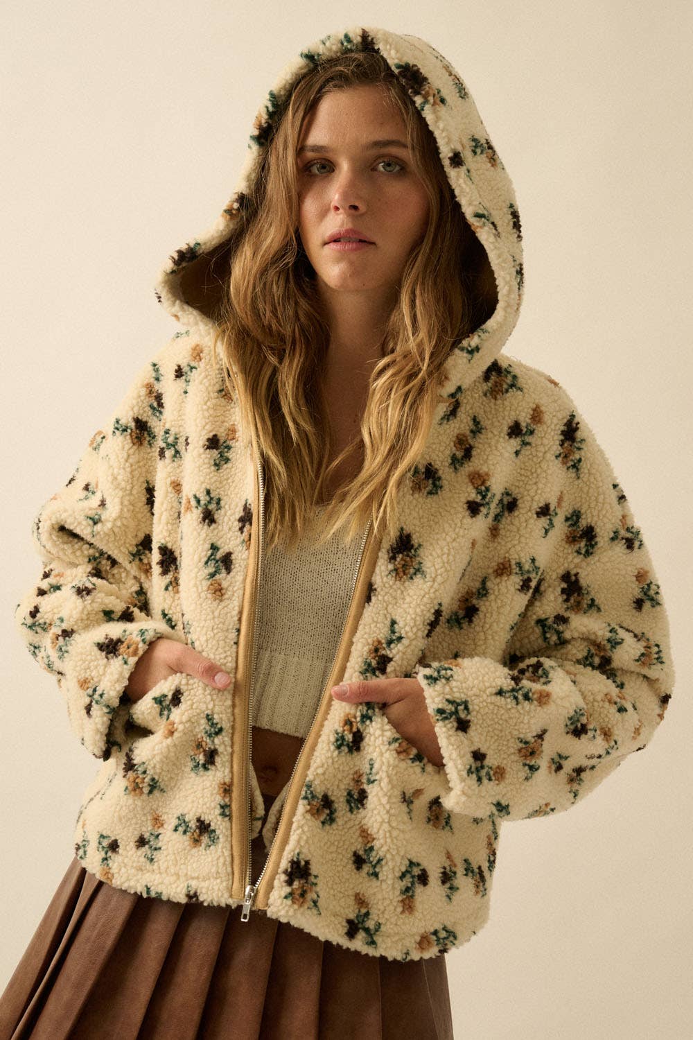 Floral Sherpa Fleece Hooded Zip-Up Jacket