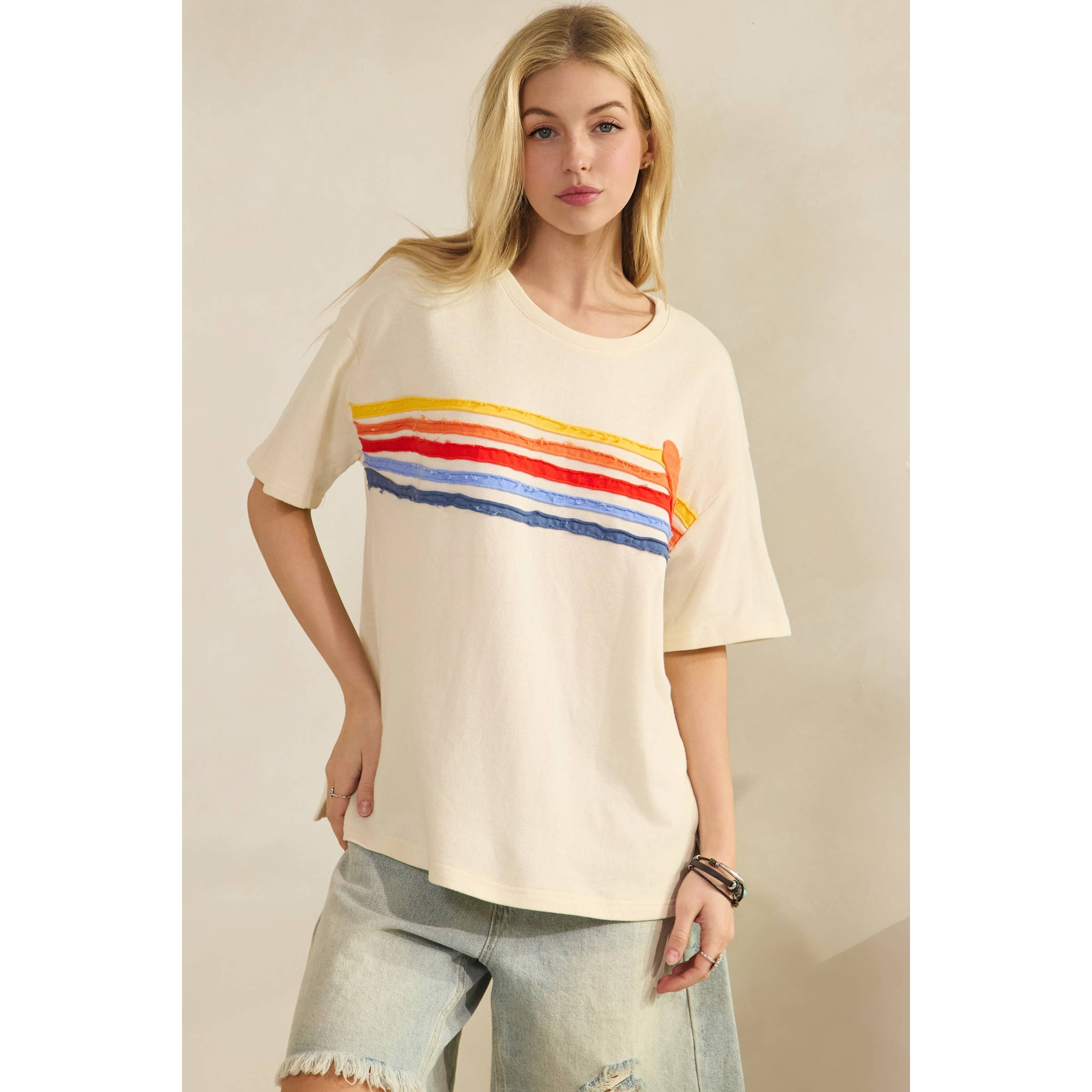 Retro Rainbow Stripe Distressed Tee