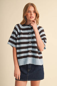 Striped Short Sleeve Sweater Caridgan