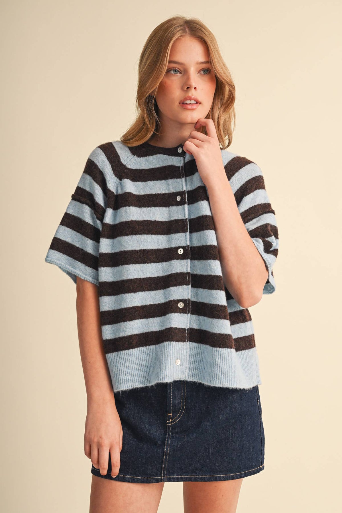 Striped Short Sleeve Sweater Caridgan