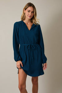 NOTCH NECK LONG SLEEVE WAIST TIE MINI DRESS