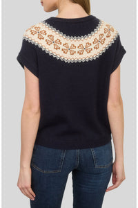 Zoe and Claire Short Sleeve Boxy Sweater Top with Jacquard Print