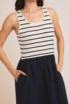 ROUND SCOOPED NECK SLEEVELESS KNIT + WOVEN MIX DRESS