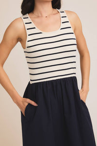 ROUND SCOOPED NECK SLEEVELESS KNIT + WOVEN MIX DRESS
