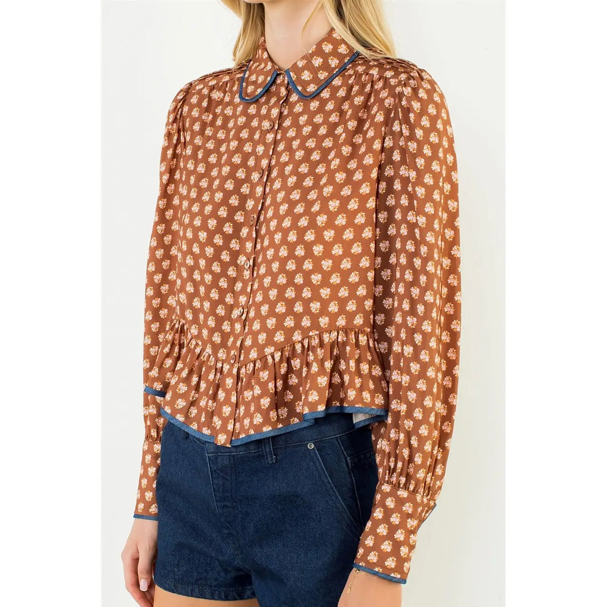Long Sleeve Floral Pattern Button Down Top