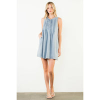 Sleeveless Button Pintuck Denim Dress