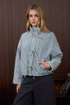 WASHED DENIM QUILTED FRONT TIE PUFFER JACKET