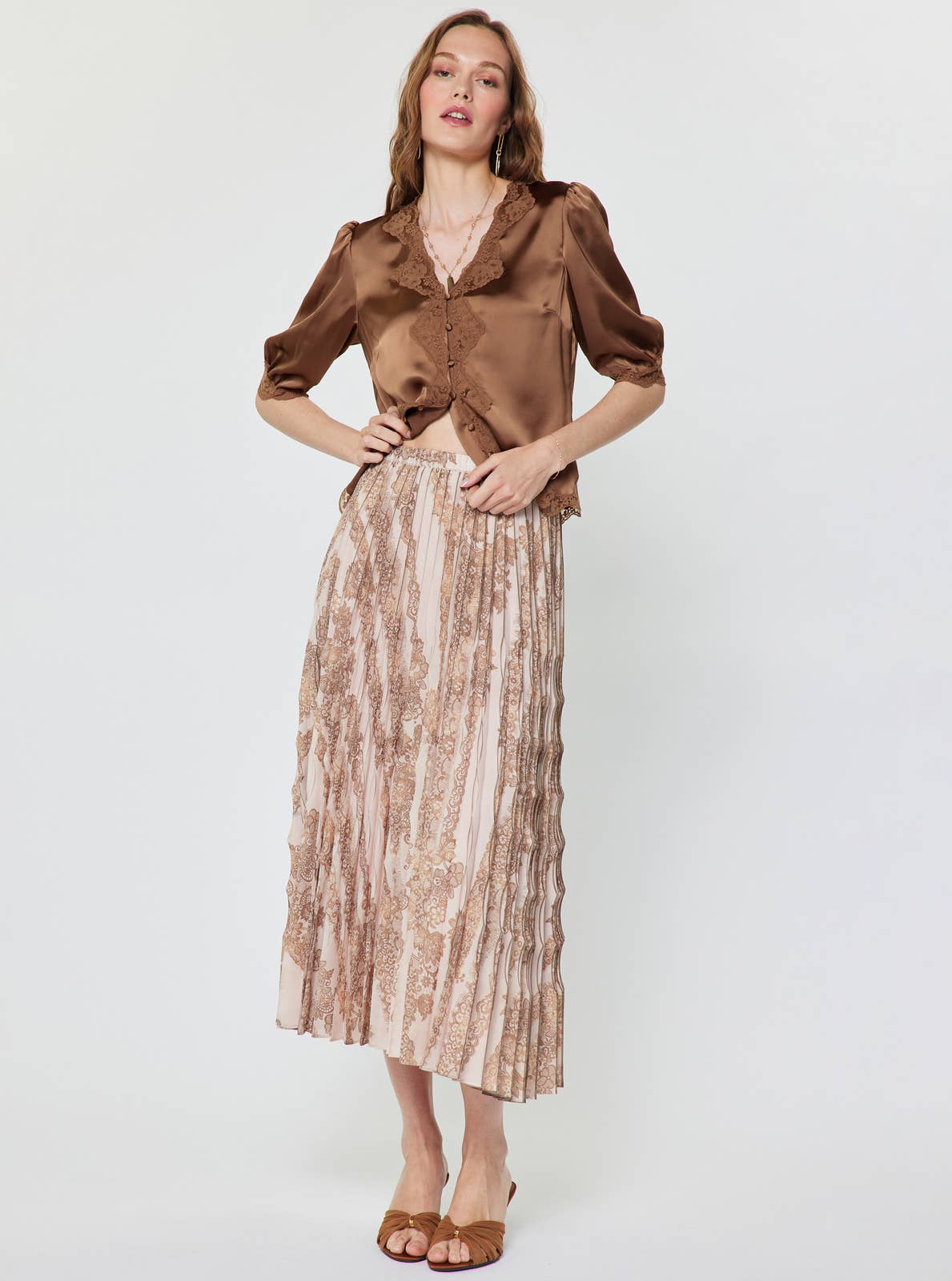 Floral Lace Pleated Midi Skirt