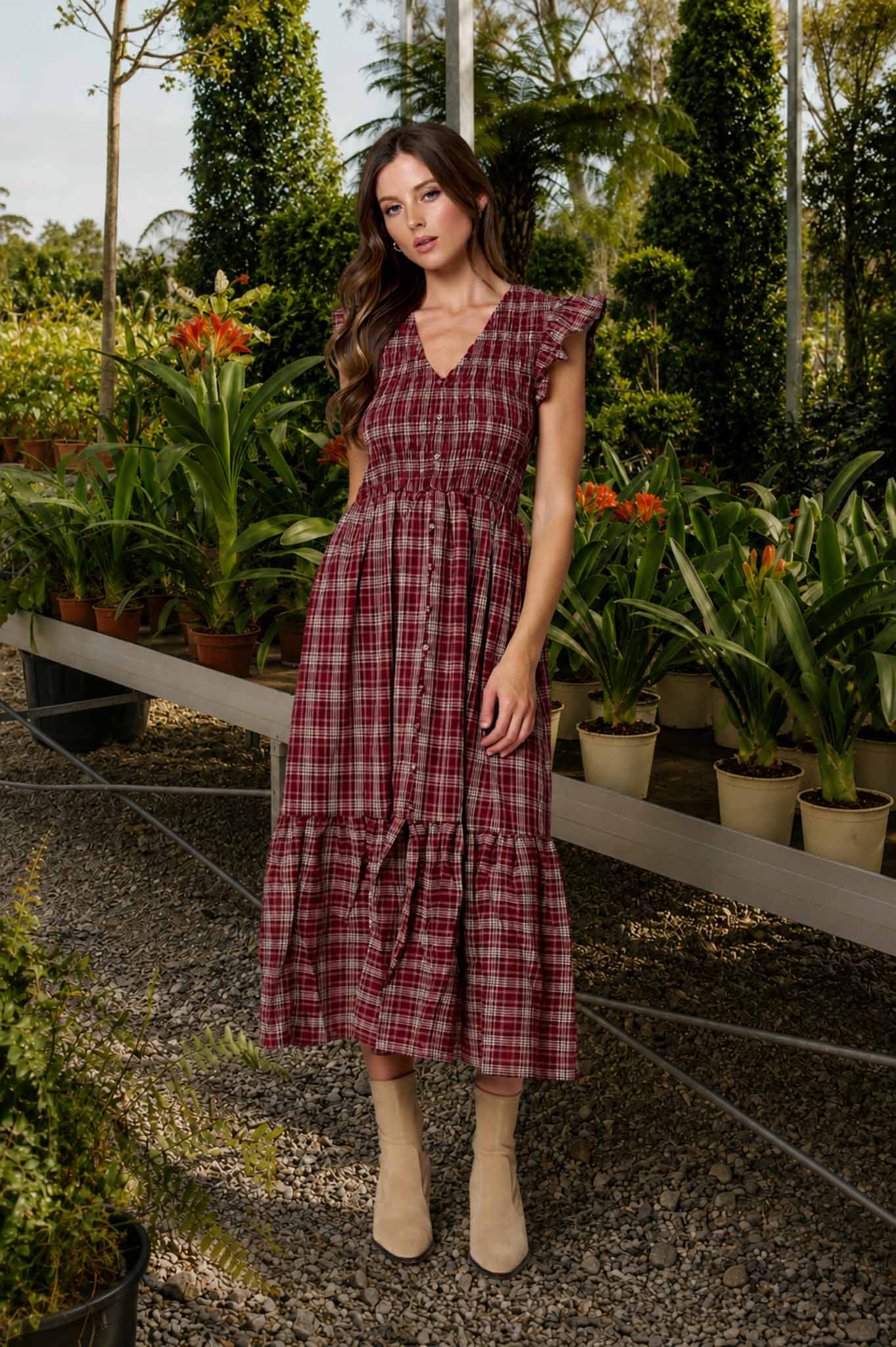 Plaid Smocked V-Neck Button Down Ruffled Midi Dress