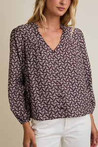 NOTCH NECK PUFF LONG SLEEVE BUTTON UP ABSTRACT TOP