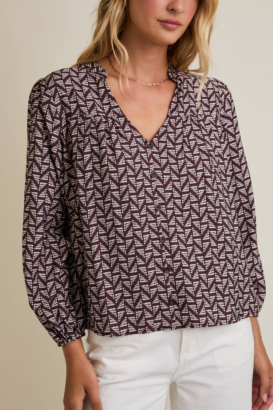 NOTCH NECK PUFF LONG SLEEVE BUTTON UP ABSTRACT TOP