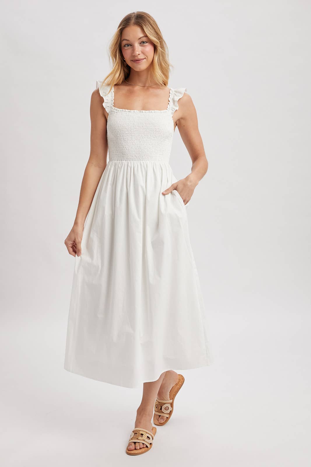 Cotton Ruffle Sleeve Midi Dress