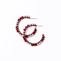 Game Day Crystal Threaded Beads Hoop Earrings Maroon + White