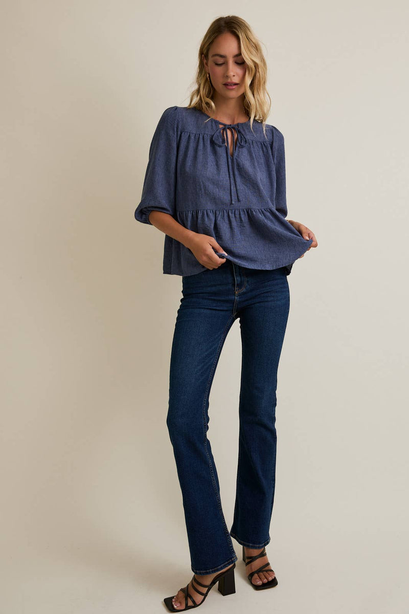 ROUND NECK FRONT TIE 3/4 SLEEVE TOP