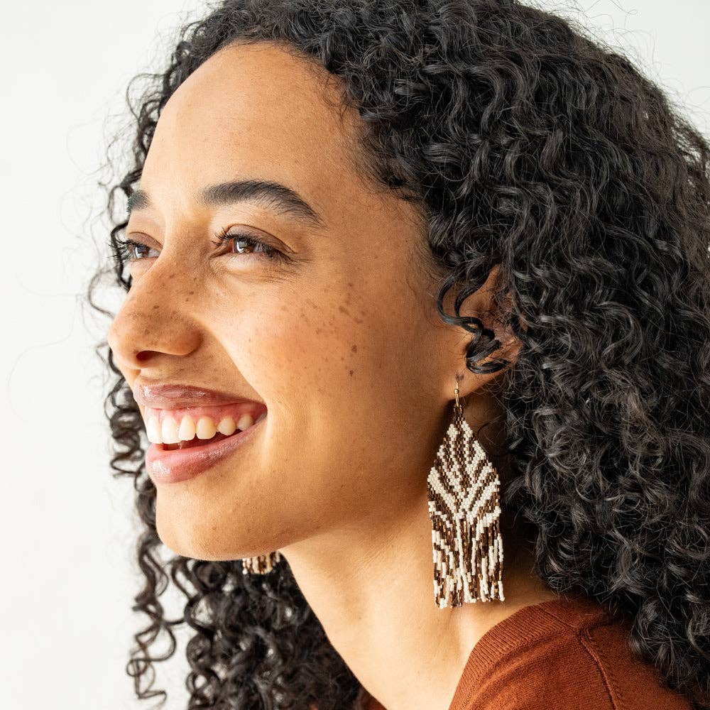 Delilah Zebra Print Beaded Fringe Earrings Bronze + Ivory