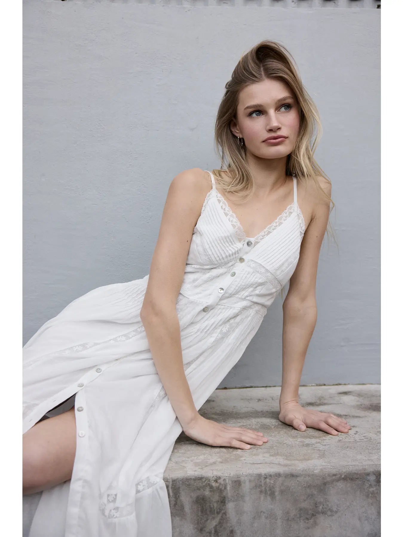 Lace Trim Button-Down White Maxi Dress