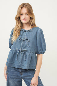 DENIM FRONT BOW TIE PEPLUM BLOUSE