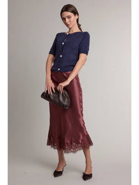 Satin Lace Trim Midi Skirt