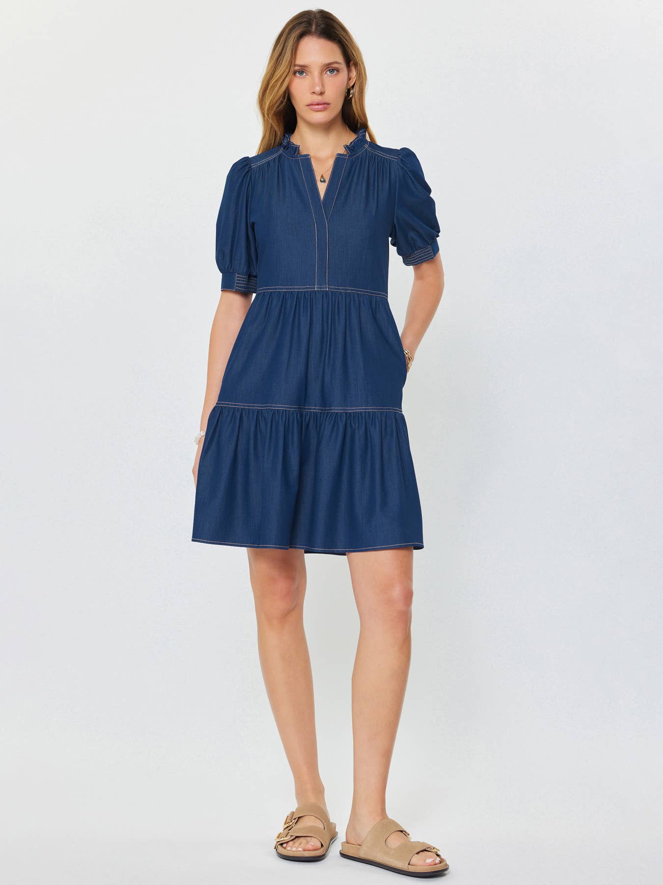Denim Tiered Short Sleeve Mini Dress