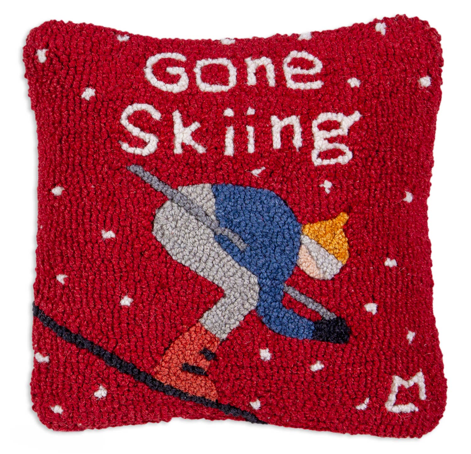Gone Skiing 14"x14" Hooked Wool Pillow
