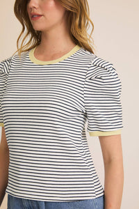 ROUND NECK PUFF HALF SLEEVE STRIPE RIBBED TOP