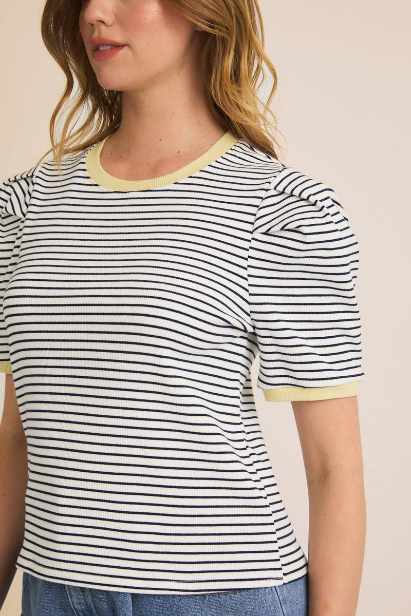 ROUND NECK PUFF HALF SLEEVE STRIPE RIBBED TOP