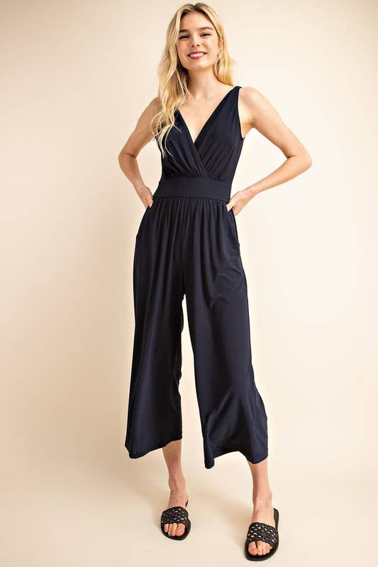 SURPLICE SLEEVELESS WAIST DEFINED CROPPED JUMPSUIT