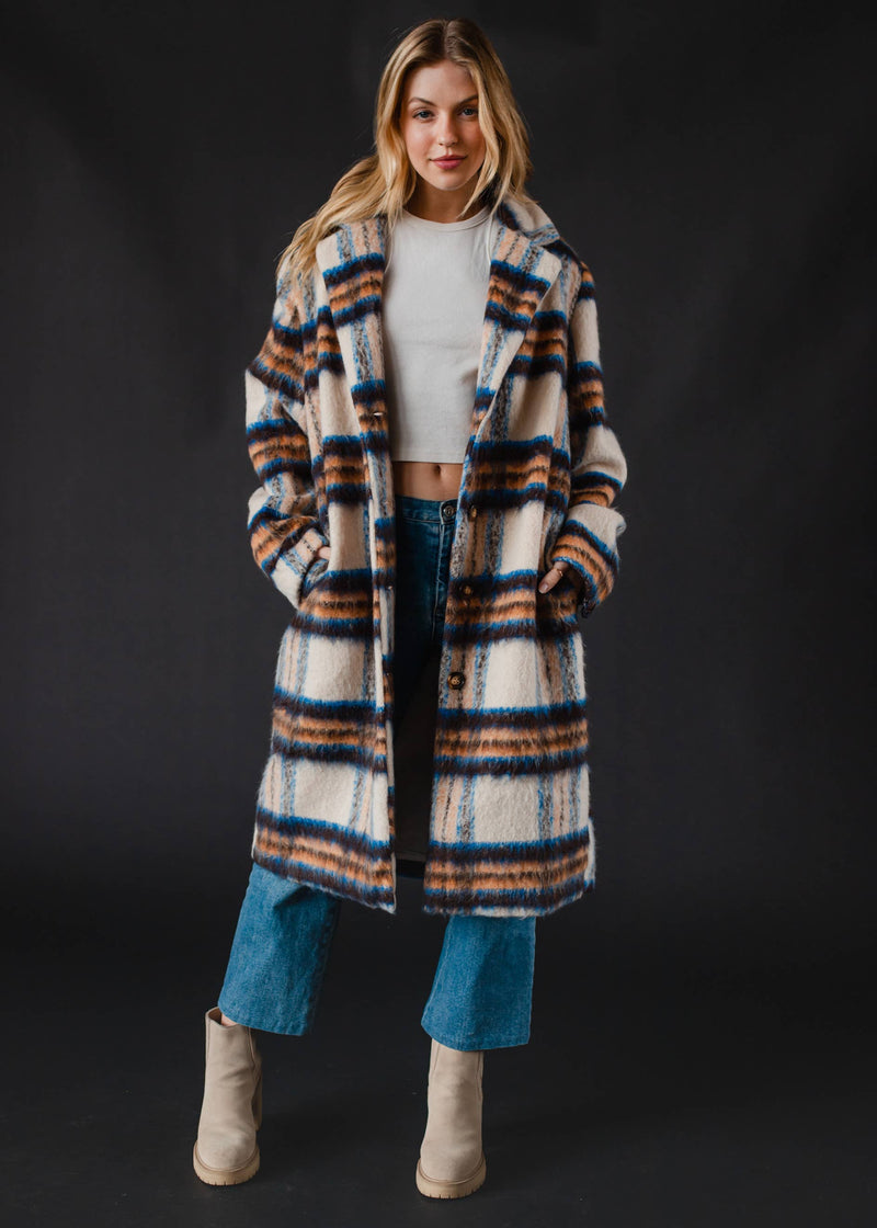 Cream, Rust & Blue Plaid Coat