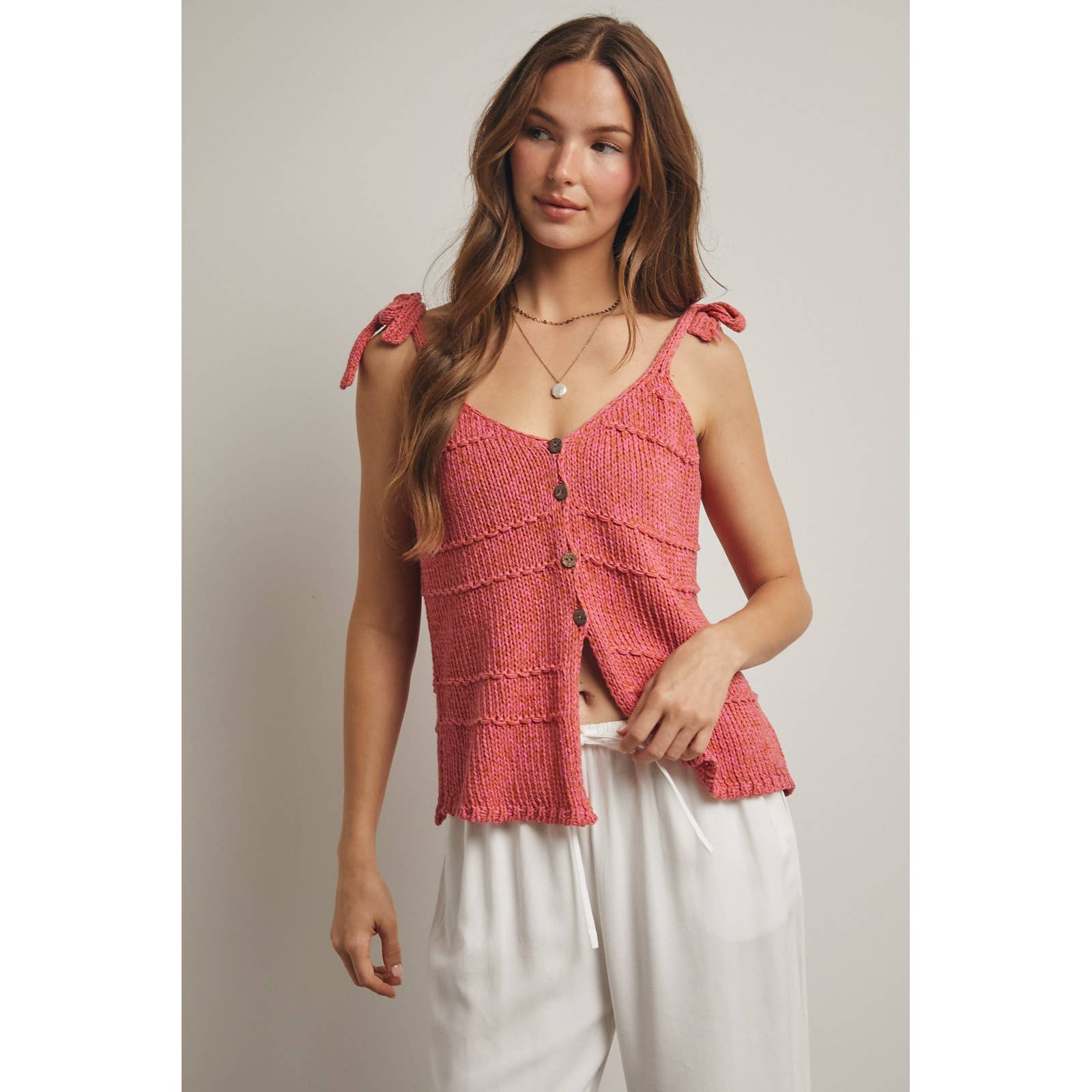 Tied Shoulder Button Button-Up Knit Cami
