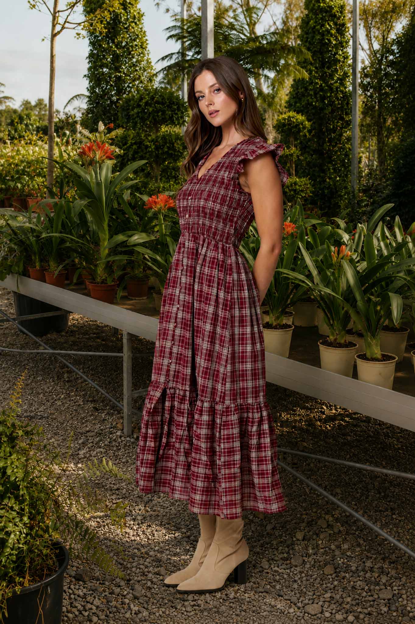 Plaid Smocked V-Neck Button Down Ruffled Midi Dress