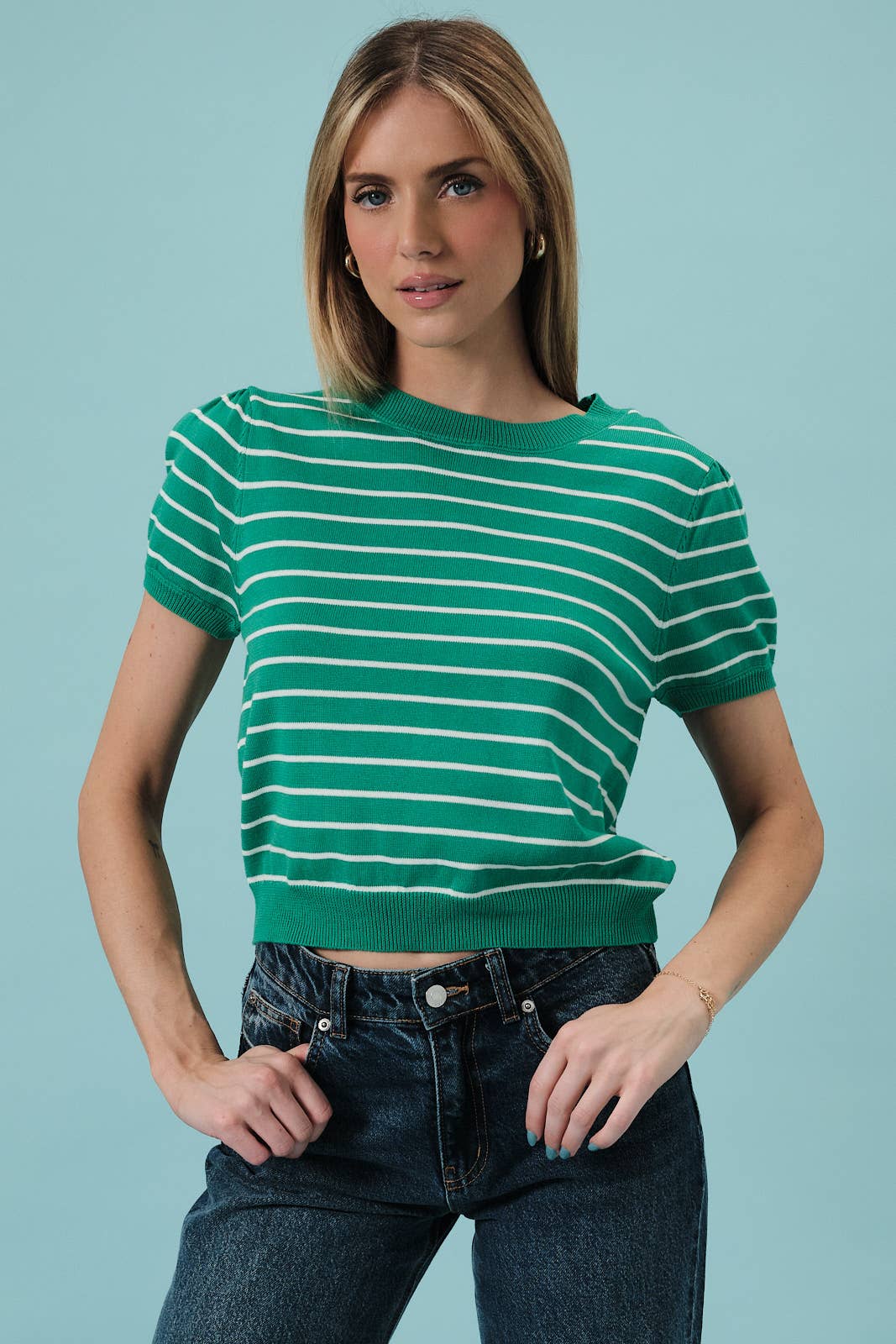 HALF SLEEVE CREW NECK PUFF STRIPED SWEATER TOP