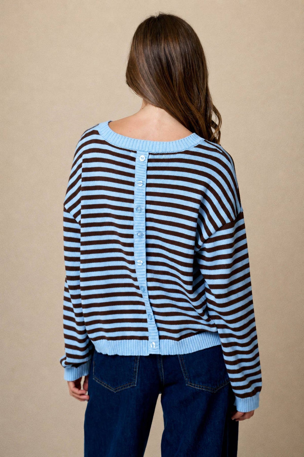 Stripe Relaxed Back Button Detail Knit Sweater