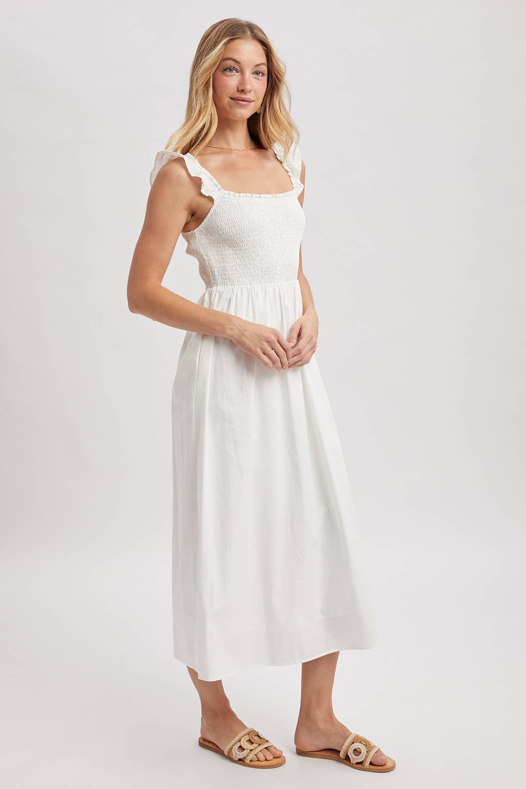 Cotton Ruffle Sleeve Midi Dress