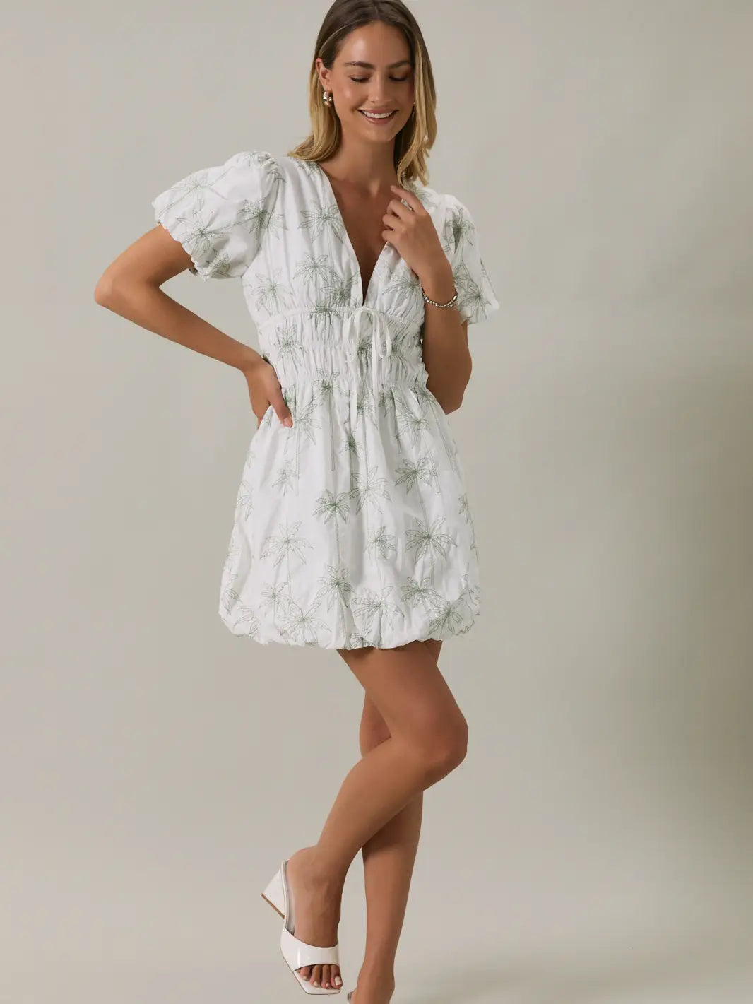 SHORT BUBBLE SLEEVE SHIRRED MINI DRESS