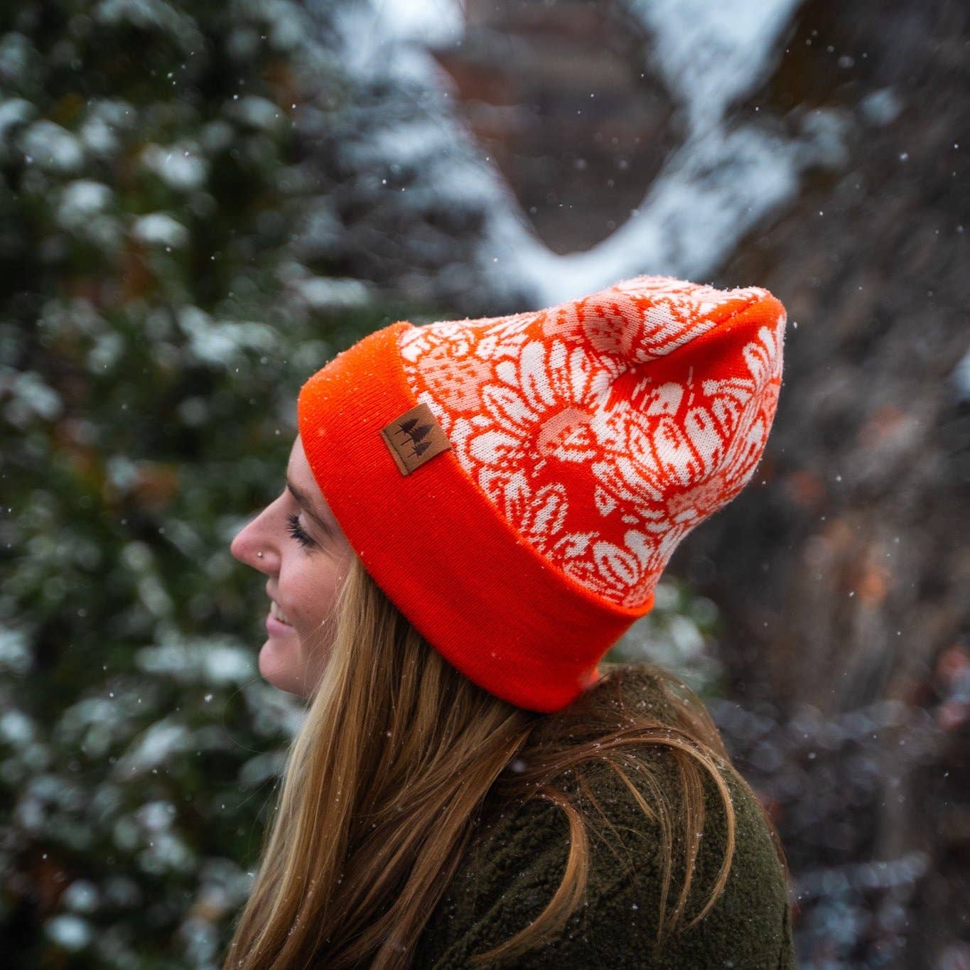 Daisy Fold Over Beanie - Orange/Navy