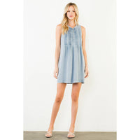 Sleeveless Button Pintuck Denim Dress