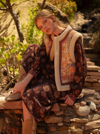 Patchwork Floral Print Vest with Faux Sherpa Lining