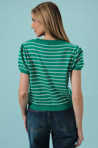 HALF SLEEVE CREW NECK PUFF STRIPED SWEATER TOP